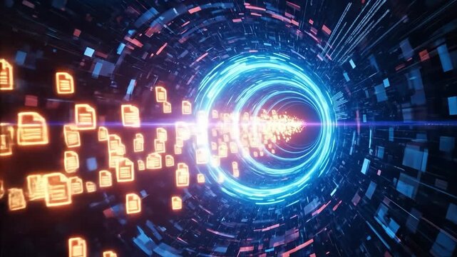 Secure blockchain document transfer through a glowing digital data tunnel with futuristic light