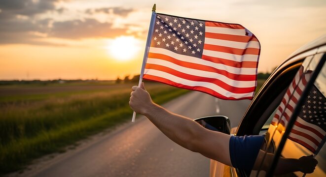 A hand holding an american flag out of a car window during a beautiful golden hour sunset drive