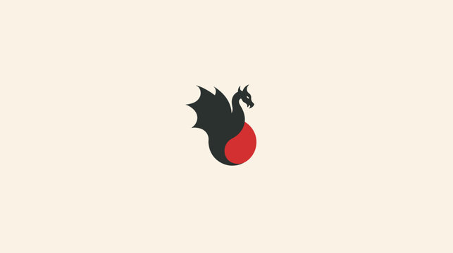 A minimalist dragon logo design in black, and red set against a neutral cream color