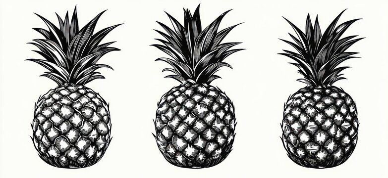 three detailed black and white hand drawn pineapples with textured skins and leafy crowns on white background, playful vintage tropical illustration