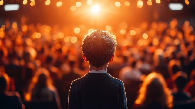 young child standing on stage facing a large blurred audience under warm golden lights, a mix of awe and nervous anticipation