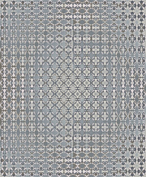 Seamless geometric tile background with intricate blue and grey kaleidoscope patterns featuring a modern clean ceramic pattern
