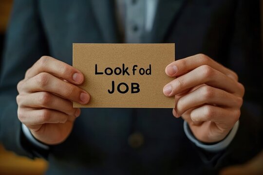 Person in dark business suit holding a small brown cardboard sign reading "Look fod JOB", conveying a hopeful and urgent job search