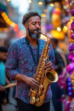street saxophonist playing a golden saxophone amid colorful festival lights and decorations, lively joyful soulful atmosphere