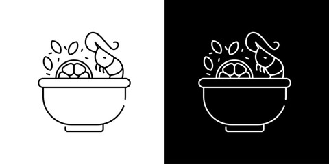 Obraz premium Minimalist line art icon of a delicious shrimp dish with fresh lemon and spices in an elegant bowl, representing healthy seafood cuisine and gourmet meals