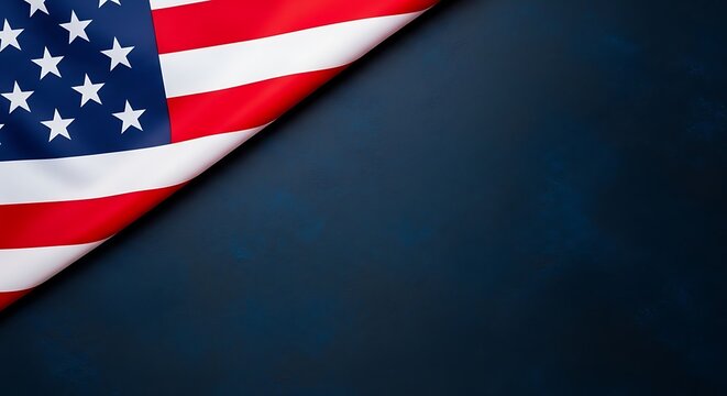 A folded american flag placed in the upper left corner against a dark textured blue background