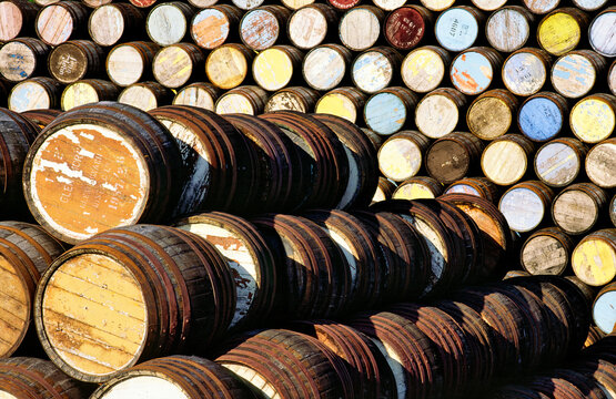 Stored whisky barrels in town of Dufftown, Scotlands whisky capital. Strathspey, Speyside, Grampian region of Scotland