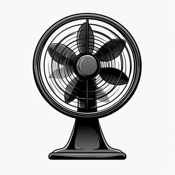 black tabletop electric fan with five blades and circular protective cage on a pedestal base, glossy retro look evoking cool relief
