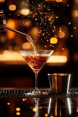 Golden cocktail pours from a shaker into a martini glass as sparkling droplets float in warm bar lights, with a metallic jigger nearby.