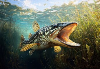 menacing predatory pike lunging through sunlit underwater weeds with jaws wide open and bubbles rising
