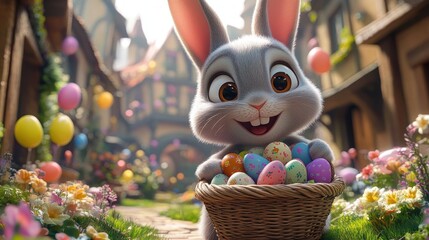 cheerful bunny holding a wicker basket of colorful decorated eggs in a sunlit flower-filled village street, festive and whimsical spring celebration