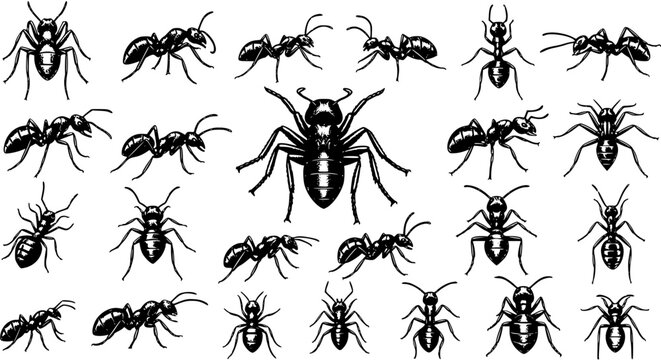 Ant Variety Illustration: Collection of Diverse Ant Species in Black and White