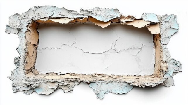 weathered rectangular wall cavity with peeling blue and beige paint, cracked plaster and rough torn edges conveying decay and abandonment