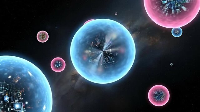 Parallel universe simulation showing cosmic cities inside glowing spheres in outer space