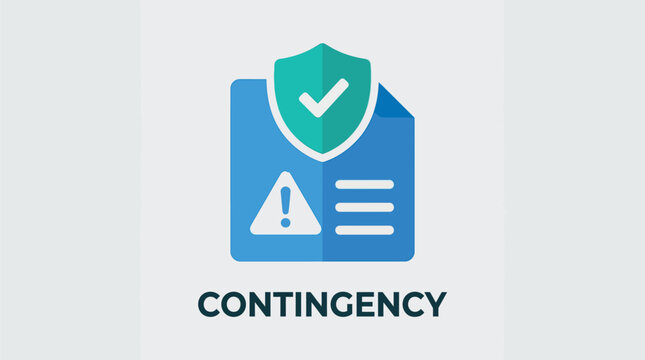 Vector graphic illustration of a document with a shield and warning sign representing contingency planning and risk management in a secure and protective environment for business and technology