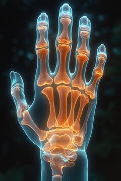 Glowing anatomical view of a human hand skeleton with orange bones and blue translucent soft tissue outline against a dark blurred background, scientific and mesmerizing