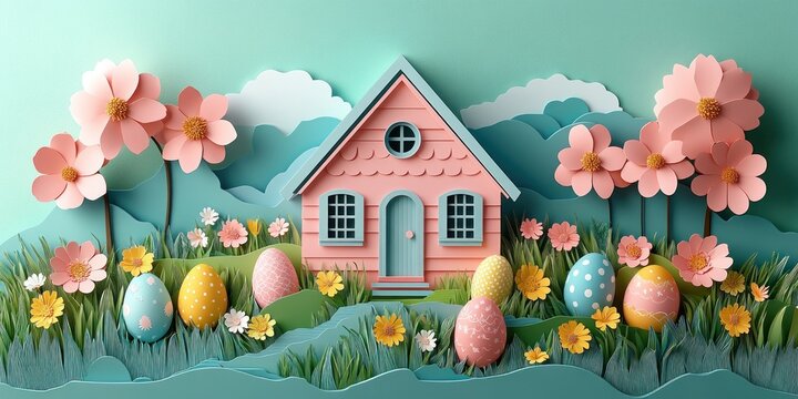 cheerful pastel paper-cut cottage in a spring meadow with oversized pink blossoms, decorated eggs, green grass and rolling hills