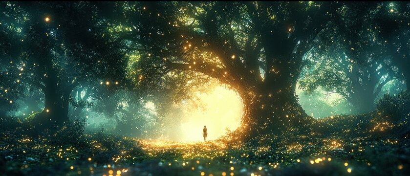 Solitary silhouette in a misty ancient forest clearing under towering trees, surrounded by glowing firefly lights and warm golden sunlight, evoking wonder and peaceful awe