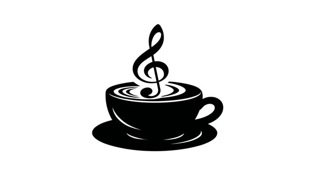Black and white illustration of a coffee cup with a treble clef steam