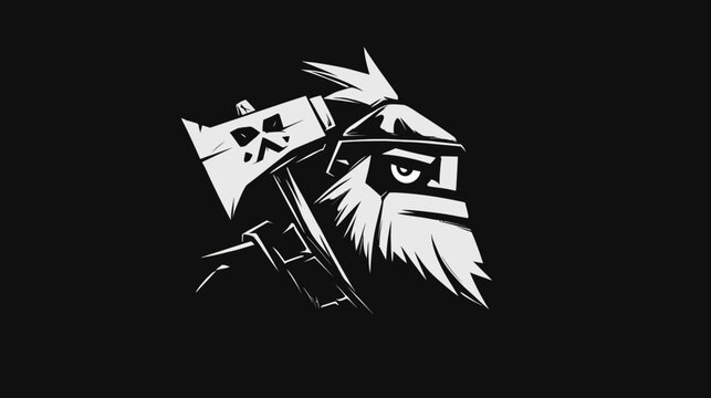 Stylized graphic of a bearded figure in a helmet holding an axe, high contrast black and white