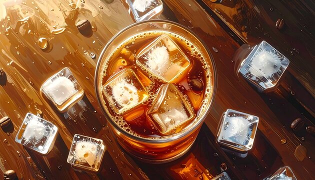 Chilled espresso drink with a rich cream texture and square ice cubes, shot from a flat lay perspective.