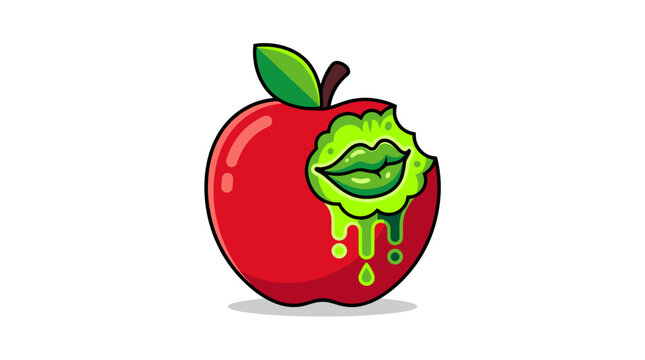 Red apple with a bite revealing green lips and dripping poison