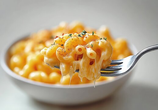 close-up forkful of creamy elbow macaroni with melted cheese strands, sprinkled herbs and cracked pepper over a white bowl, warm comforting and indulgent