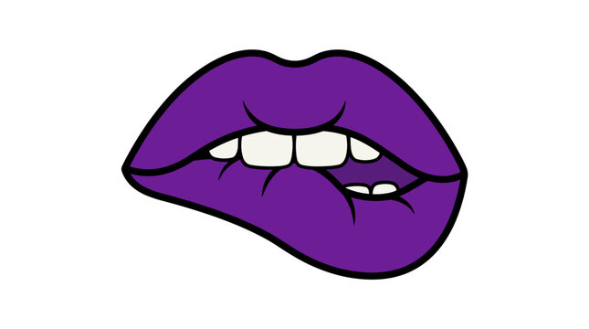 Purple lips biting lower lip, vector illustration