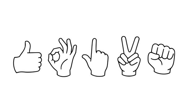 Minimalist cartoon glove hand gestures icons set in black and white with thumbs up ok sign and pointing symbols