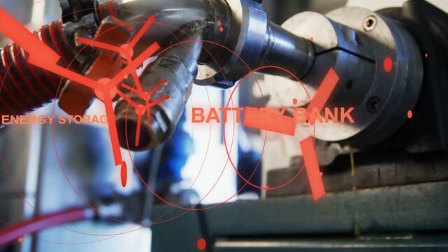 Closeup starting on pipe elbow, HUD animating while camera pulling back, marking battery bank