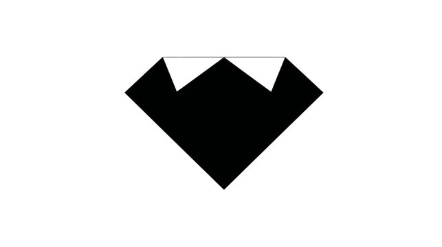 Black diamond-shaped graphic with pointed top details on white background. Simple and abstract