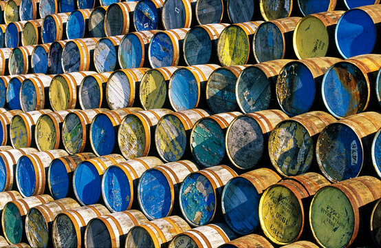 Stored whisky barrels in town of Dufftown, Scotlands whisky capital. Strathspey, Speyside, Grampian region of Scotland