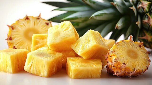 Fresh pineapple chunks cubed on a white surface with a sliced pineapple and leafy crown in the background, bright, tropical, and juicy.