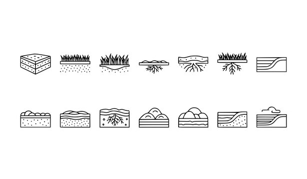 Minimal soil ground vector icons with land layers roots and terrain profiles for UI and infographic design