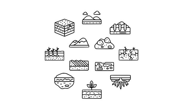 Soil ground outline icons in circular layout with earth layers farmland roots and natural terrain elements