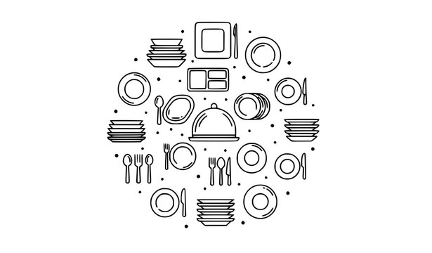 Plate outline icons in circular layout with dishware serving plates and kitchen tableware elements