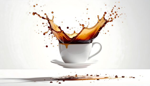 Dynamic liquid motion of dark coffee splashing upward from a minimalist white mug against a neutral backdrop.