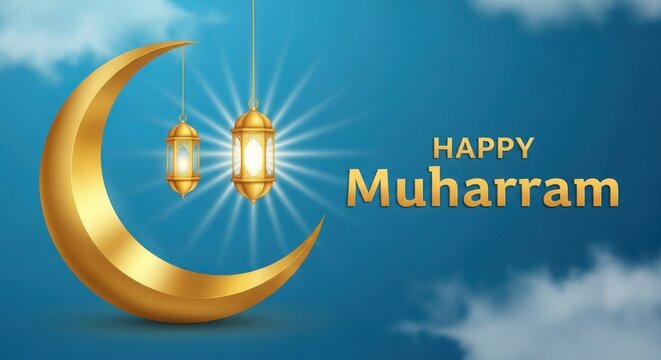 A golden crescent moon and lanterns for muharram illustration