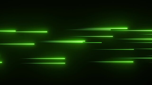 左から右に真っ直ぐ流れる緑の光の線の背景動画素材。スピード感のある4Kアニメーション。スタイリッシュでデジタルな演出