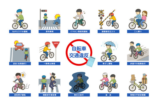 自転車交通違反イラストセット 青切符対応 交通ルール解説素材
