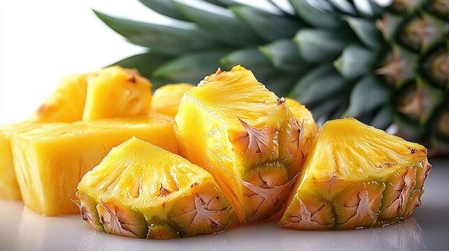 Bright pineapple chunks arranged on a reflective surface with a whole pineapple in the background, conveying fresh tropical sweetness and yellow vitality
