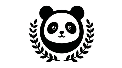 Fototapeta premium Black and white panda bear illustration with a facial outline and surrounding laurel leaves