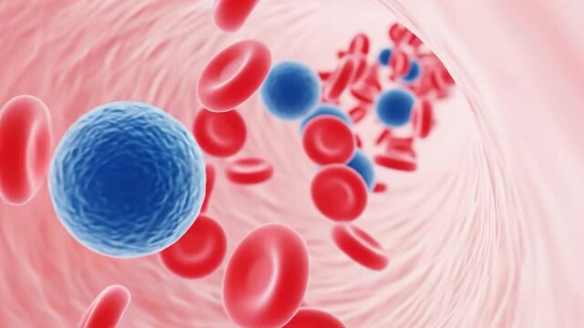 3D illustration of red blood cells and blue nanoparticles in a blood vessel for targeted drug delivery