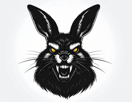A menacing black rabbit with sharp fangs and glowing eyes stares aggressively forward in a bold illustration.