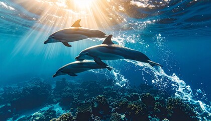 Dolphins swimming in the ocean with sun rays shining through the water. © Lutpiteja 