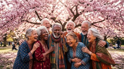 Fototapeta premium Happy Diverse Senior Citizens Laughing Together Under Pink Cherry Blossom Trees for Retirement Lifestyle and Community Wellness