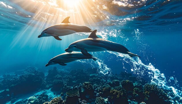 Dolphins swimming in the ocean with sun rays shining through the water.