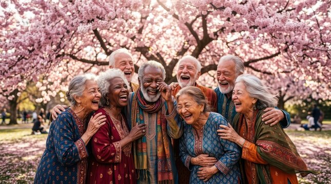 Happy Diverse Senior Citizens Laughing Together Under Pink Cherry Blossom Trees for Retirement Lifestyle and Community Wellness
