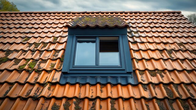 Weathered orange tiled roof with moss-covered terracotta tiles and a blue-framed dormer window under a cloudy sky evoking quiet rustic calm