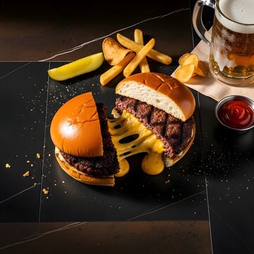 Jucy Lucy cheese-stuffed burger with molten cheese pull, toasted bun, and fries on dark charcoal and espresso brown matte tile. Minneapolis Matt's Bar style.
